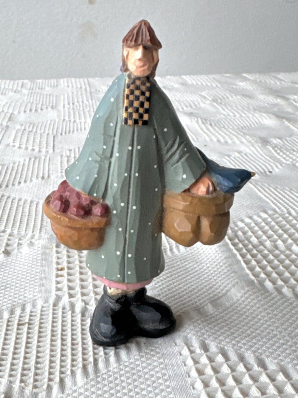 Williraye Studio Hand Painted Wooden Figurine Of Woman With Baskets & Bird